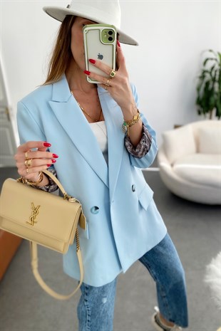 Bebe Mavisi İçi Yılan Desen Saten Astarlı Tasarım Blazer Ceket