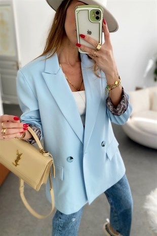 Bebe Mavisi İçi Yılan Desen Saten Astarlı Tasarım Blazer Ceket