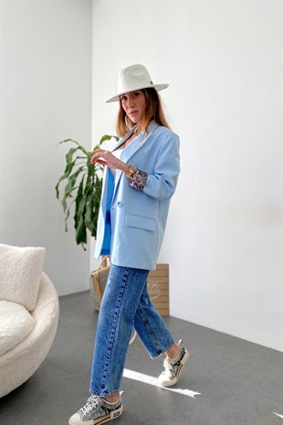 Bebe Mavisi İçi Yılan Desen Saten Astarlı Tasarım Blazer Ceket