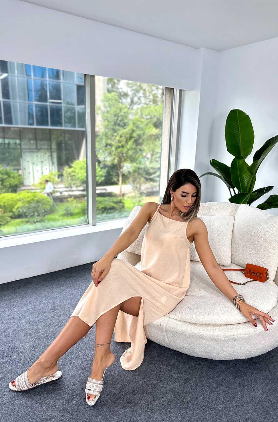 Bebe Plus İp Askılı Yırtmaçlı Midi Boy Keten Elbise Şeftali