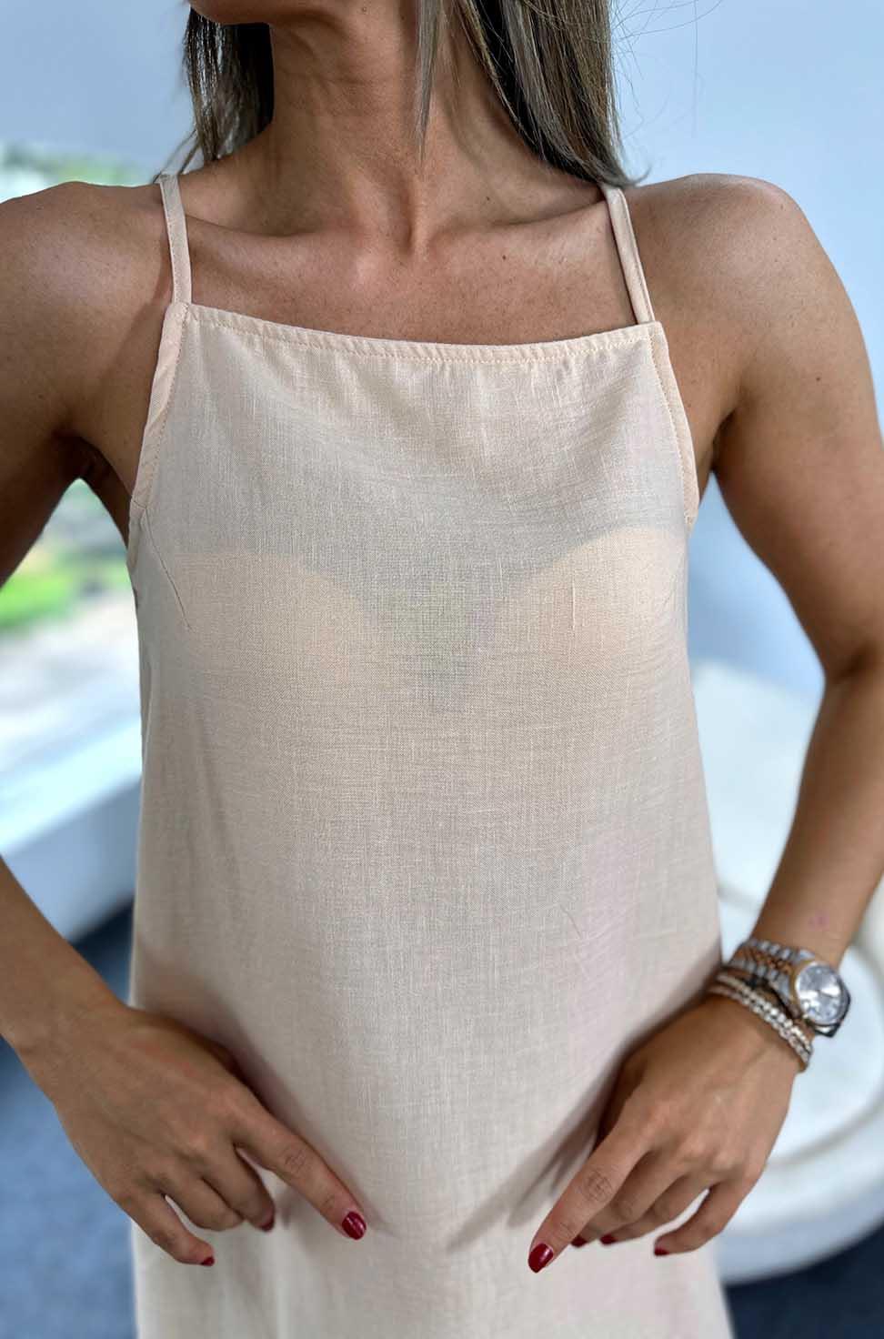 Bebe Plus İp Askılı Yırtmaçlı Midi Boy Keten Elbise Şeftali