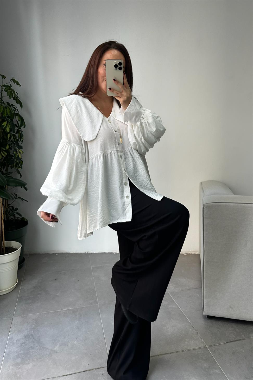 Bebe Yaka Tasarım Kol Gömlek Beyaz