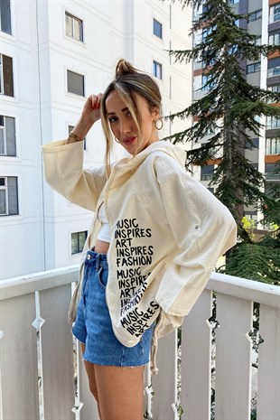 Bej Naturel Kumaş Music Art Yazı Figürlü Oversize Ceket
