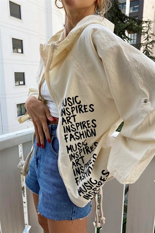 Bej Naturel Kumaş Music Art Yazı Figürlü Oversize Ceket
