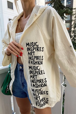 Bej Naturel Kumaş Music Art Yazı Figürlü Oversize Ceket