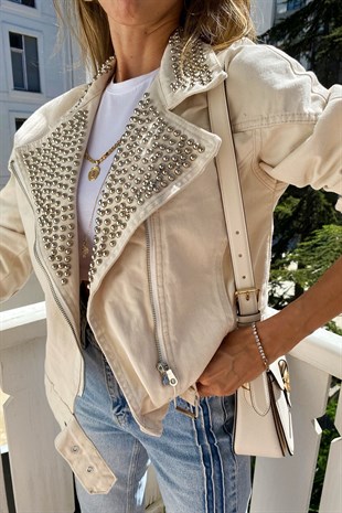 Bej Rengi  Biker Silver Zımba Detaylı Tasarım Penny Jean Ceket