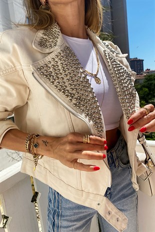 Bej Rengi  Biker Silver Zımba Detaylı Tasarım Penny Jean Ceket