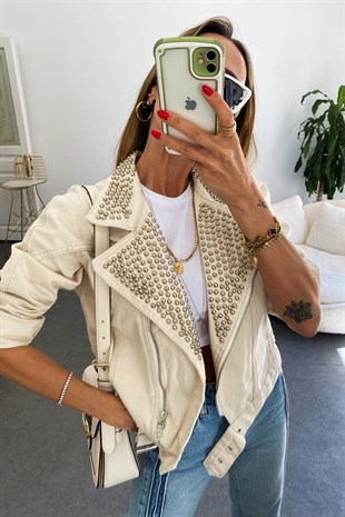 Bej Rengi  Biker Silver Zımba Detaylı Tasarım Penny Jean Ceket
