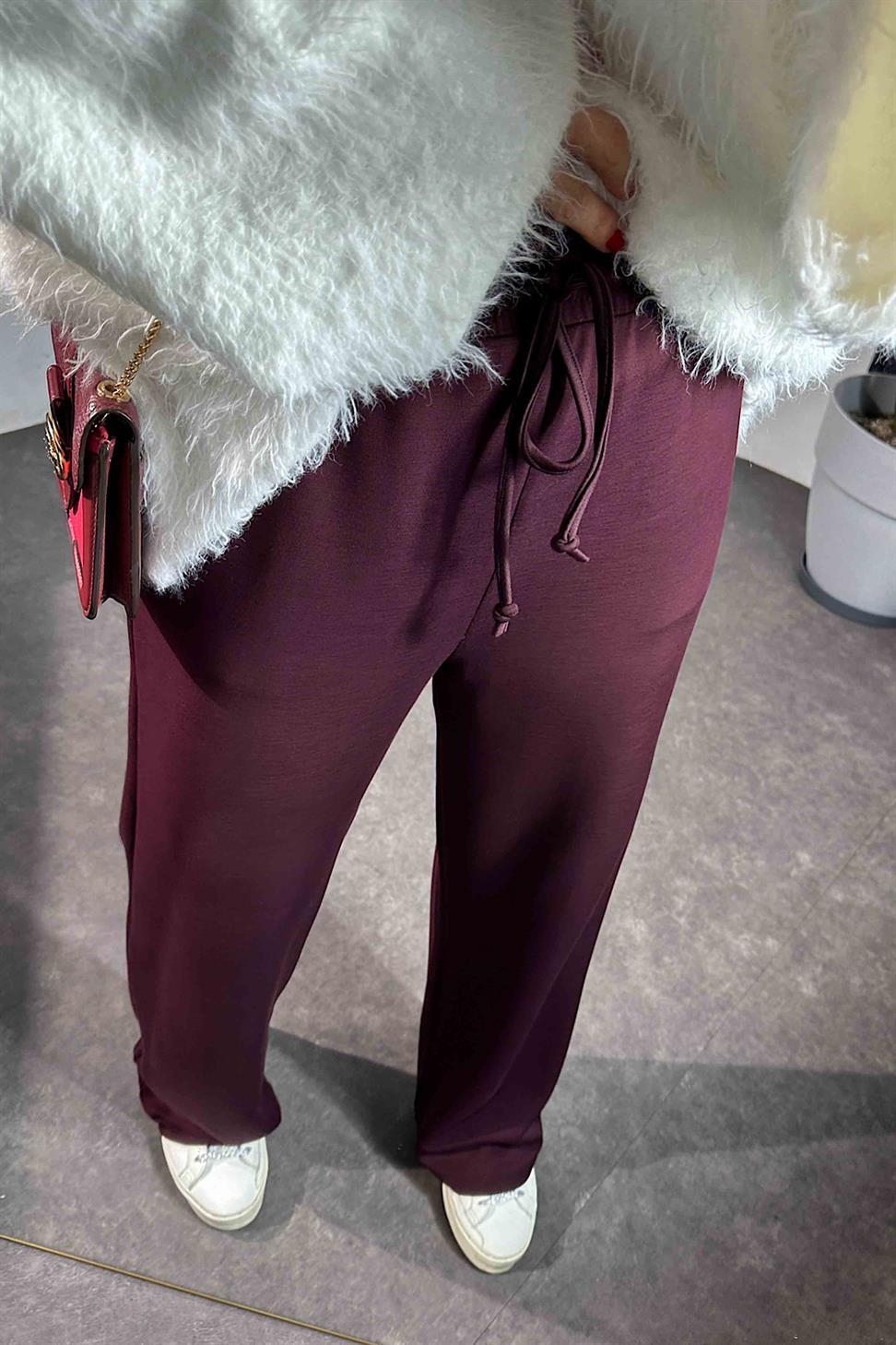 Bel Bağlamalı Cepli Modal Kumaş Pantolon Mürdüm