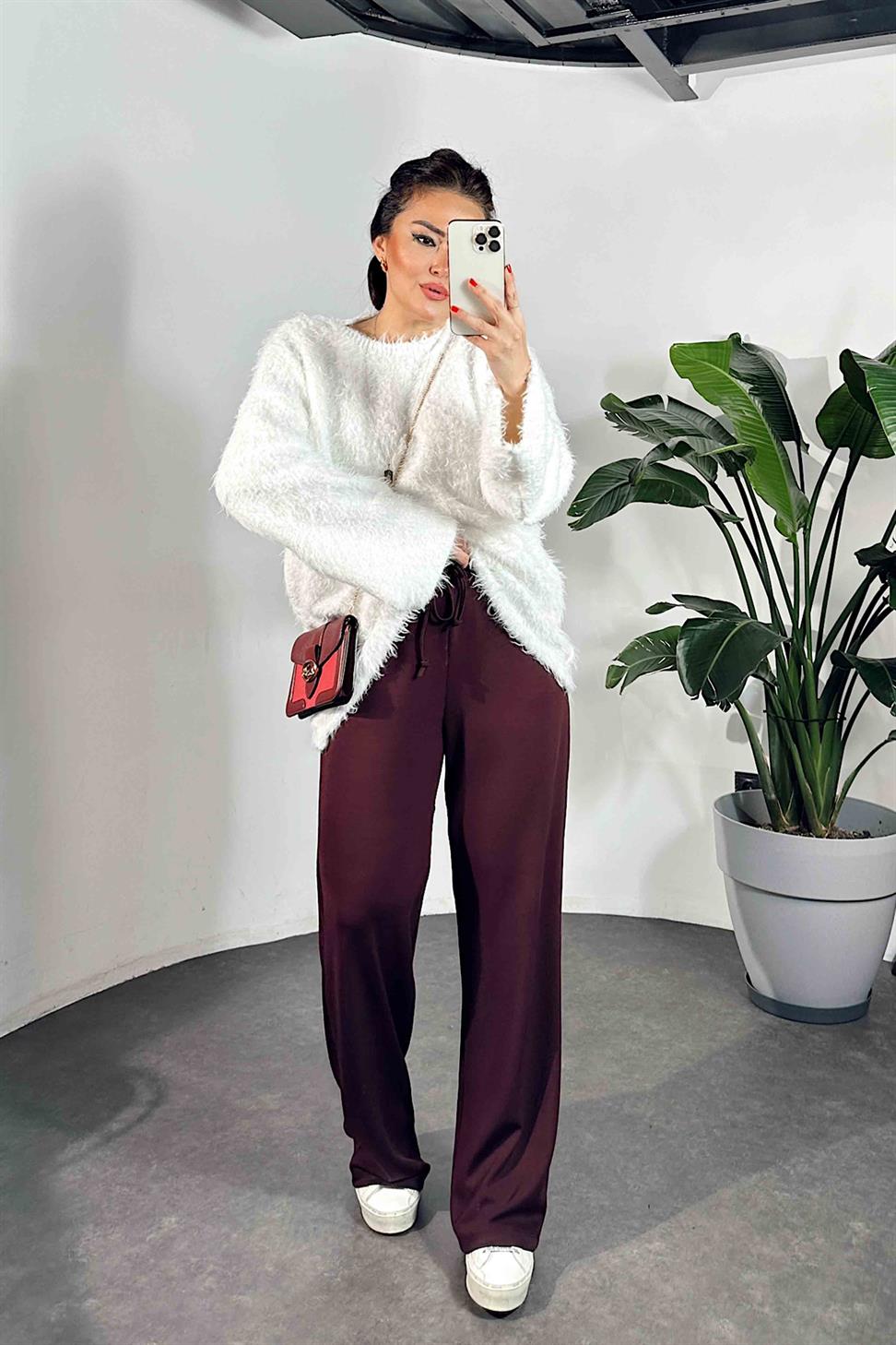 Bel Bağlamalı Cepli Modal Kumaş Pantolon Mürdüm