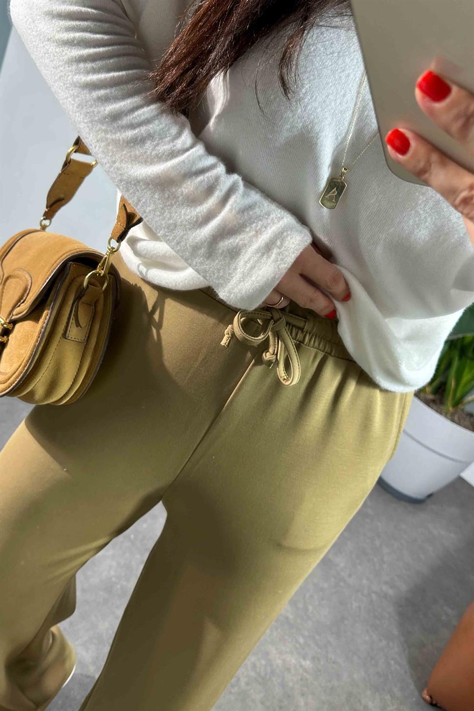 Bel Bağlamalı Cepli Modal Kumaş Pantolon Yağ Yeşili