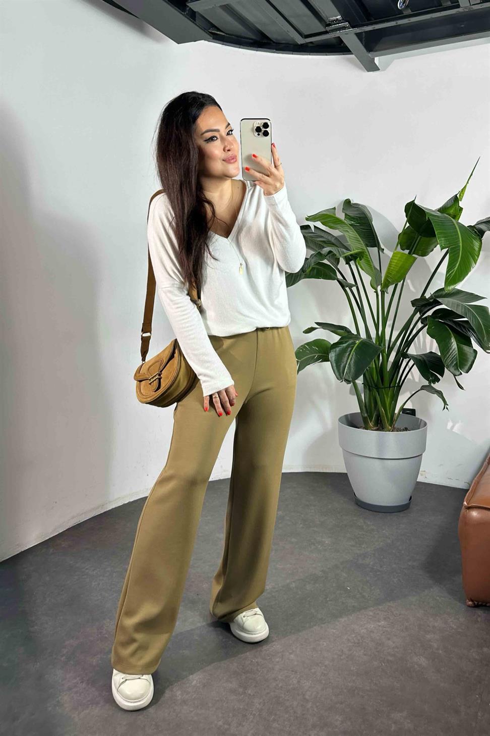 Bel Bağlamalı Cepli Modal Kumaş Pantolon Yağ Yeşili