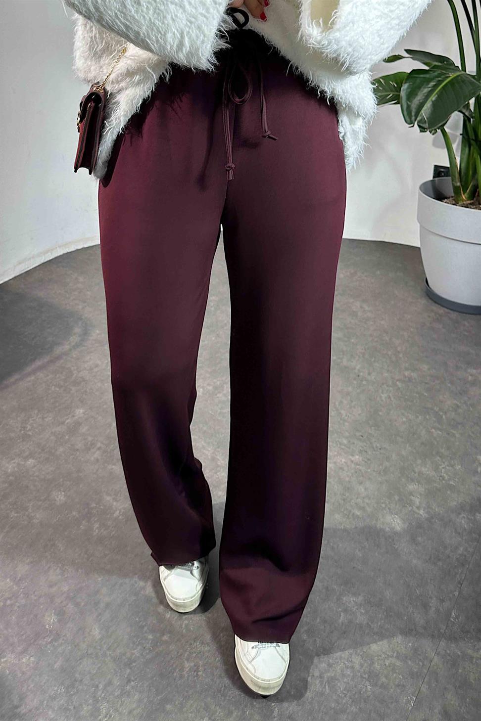 Bel Bağlamalı Cepli Modal Kumaş Pantolon Mürdüm