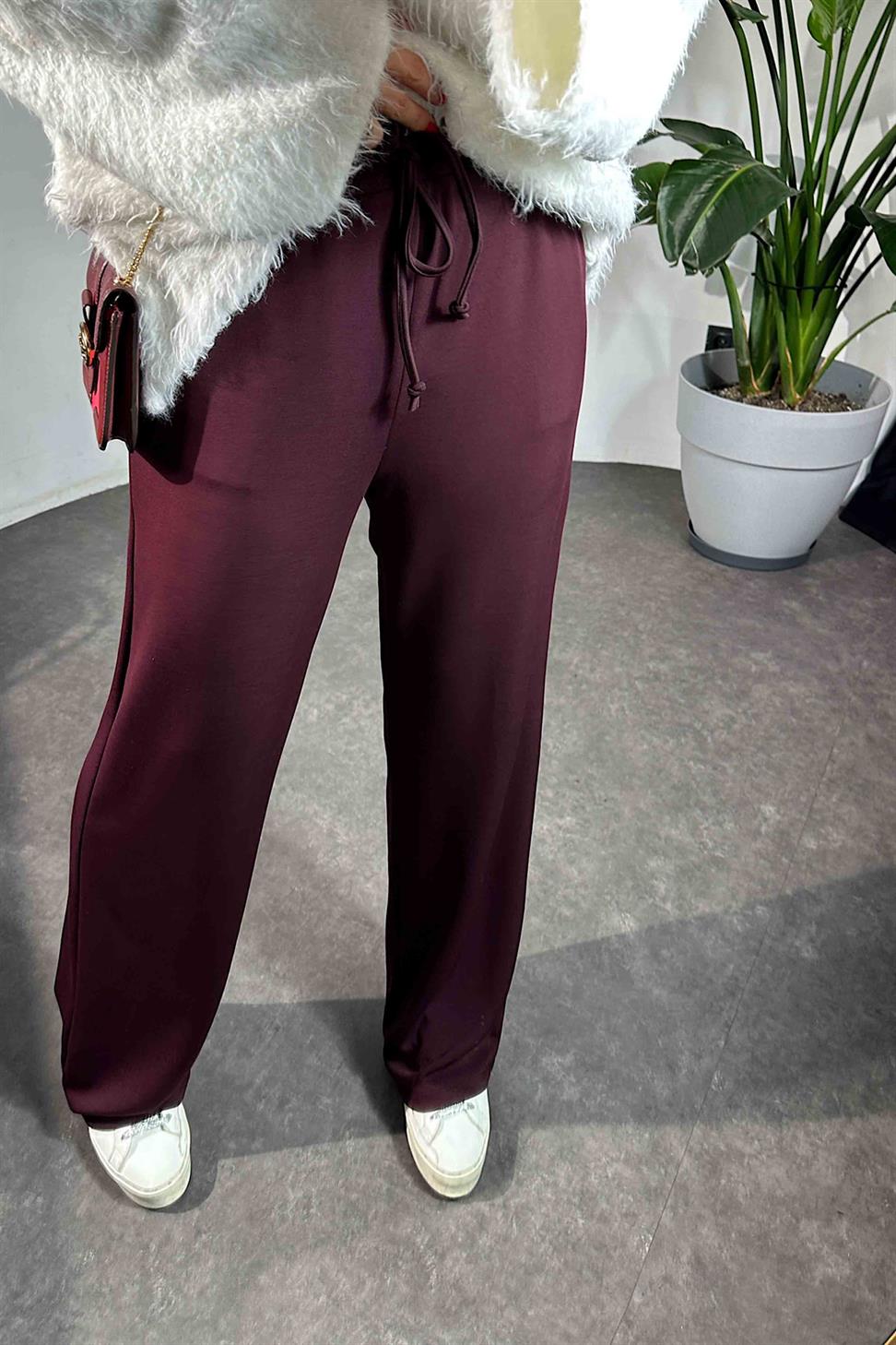 Bel Bağlamalı Cepli Modal Kumaş Pantolon Mürdüm