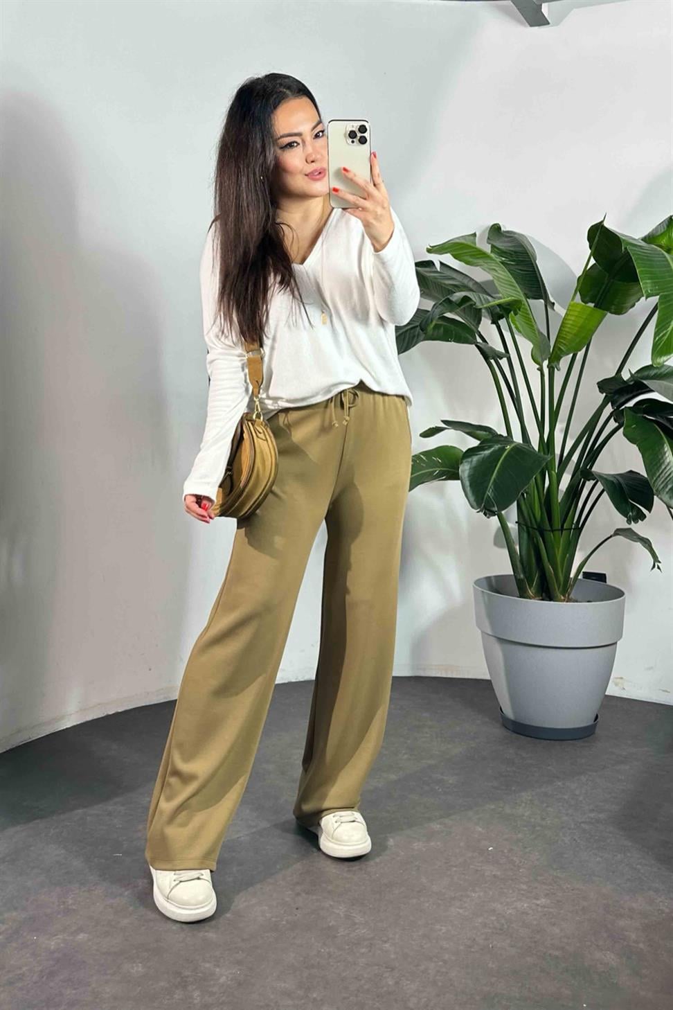 Bel Bağlamalı Cepli Modal Kumaş Pantolon Yağ Yeşili