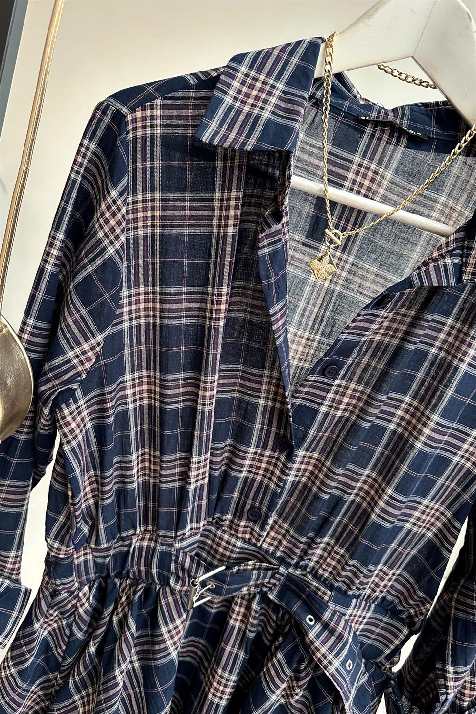 Bel Detaylı Müslin Mini Elbise Lacivert