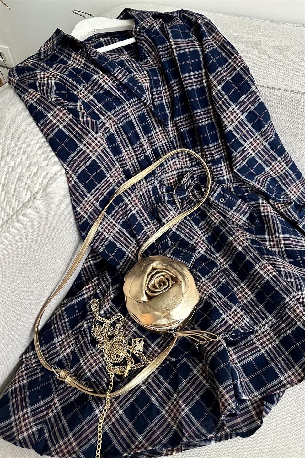 Bel Detaylı Müslin Mini Elbise Lacivert