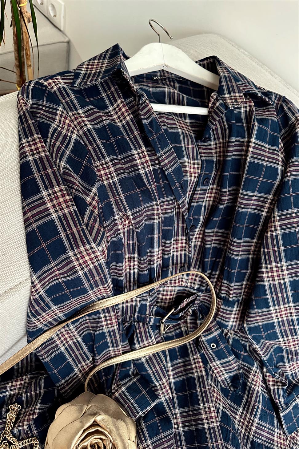 Bel Detaylı Müslin Mini Elbise Lacivert