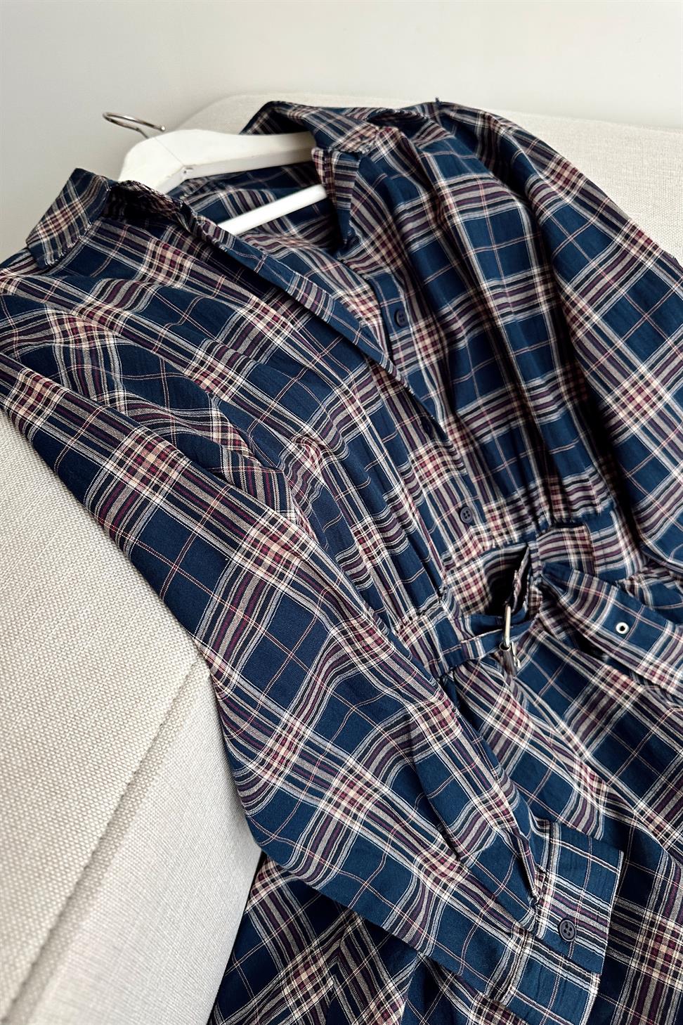 Bel Detaylı Müslin Mini Elbise Lacivert