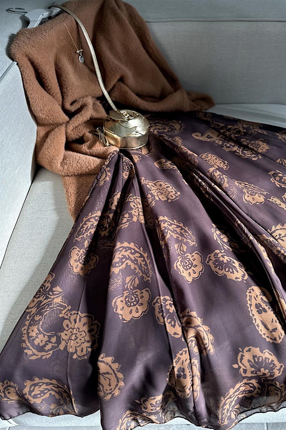 Bel Drape Detaylı Şal Desen Şifon Etek Kahverengi