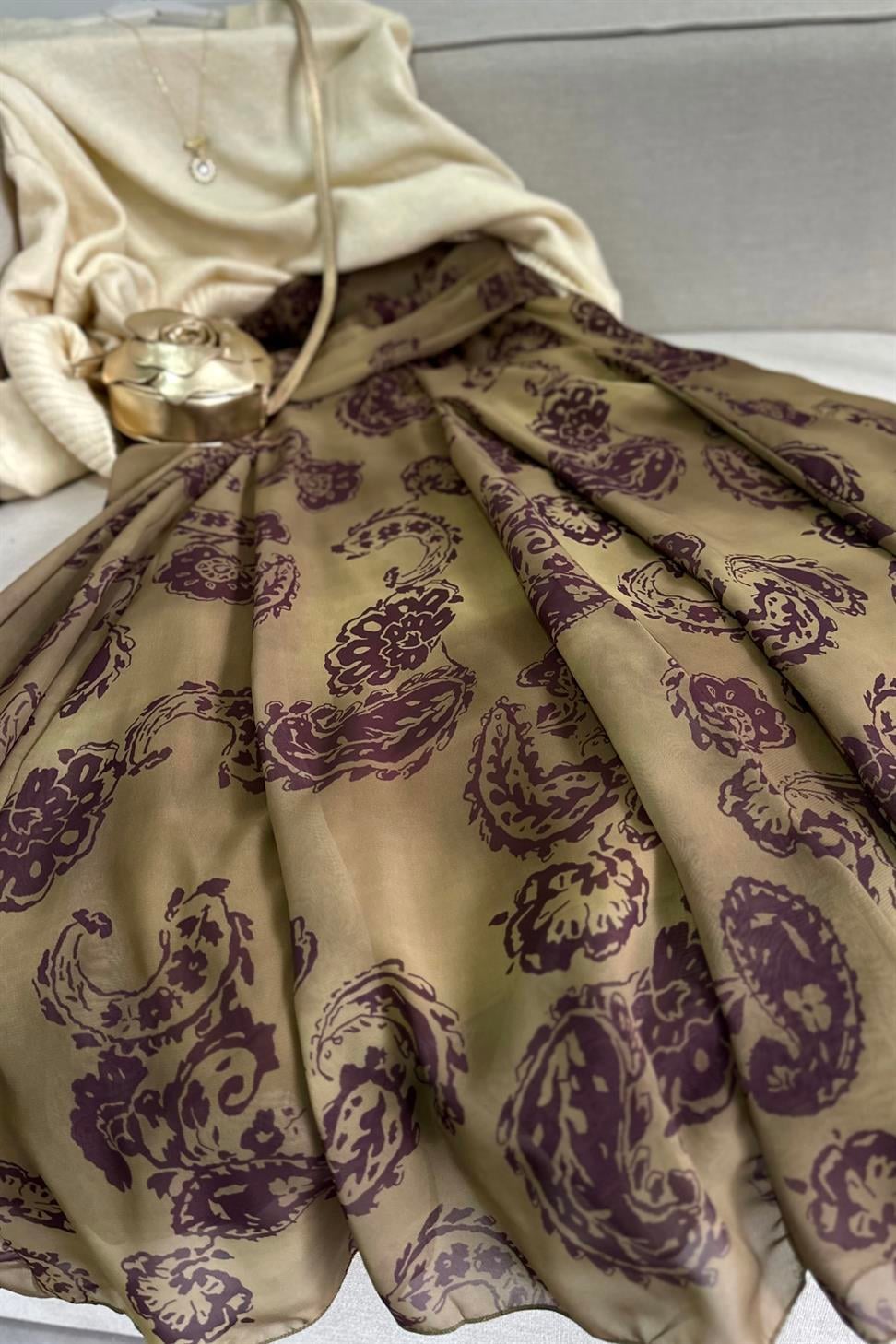 Bel Drape Detaylı Şal Desen Şifon Etek Yağ Yeşili