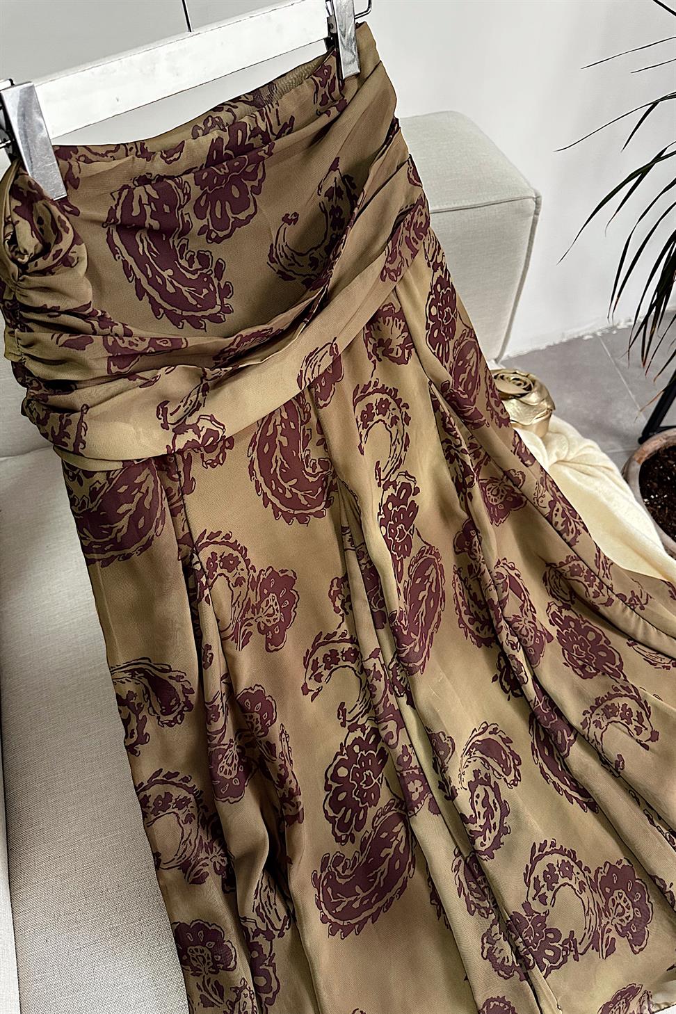Bel Drape Detaylı Şal Desen Şifon Etek Yağ Yeşili