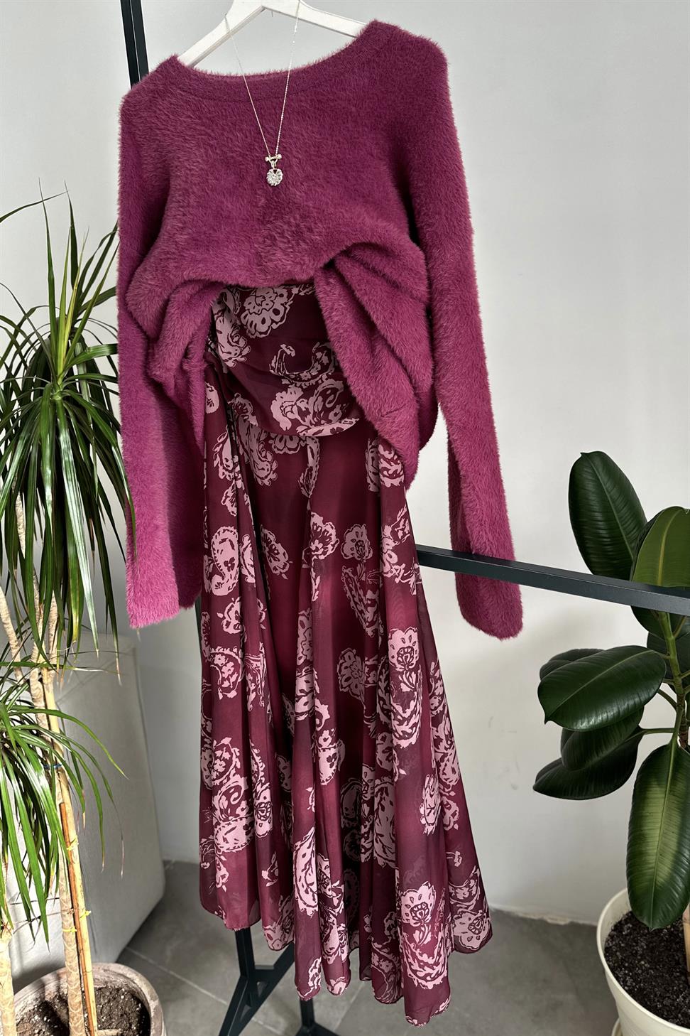 Bel Drape Detaylı Şal Desen Şifon Etek Bordo