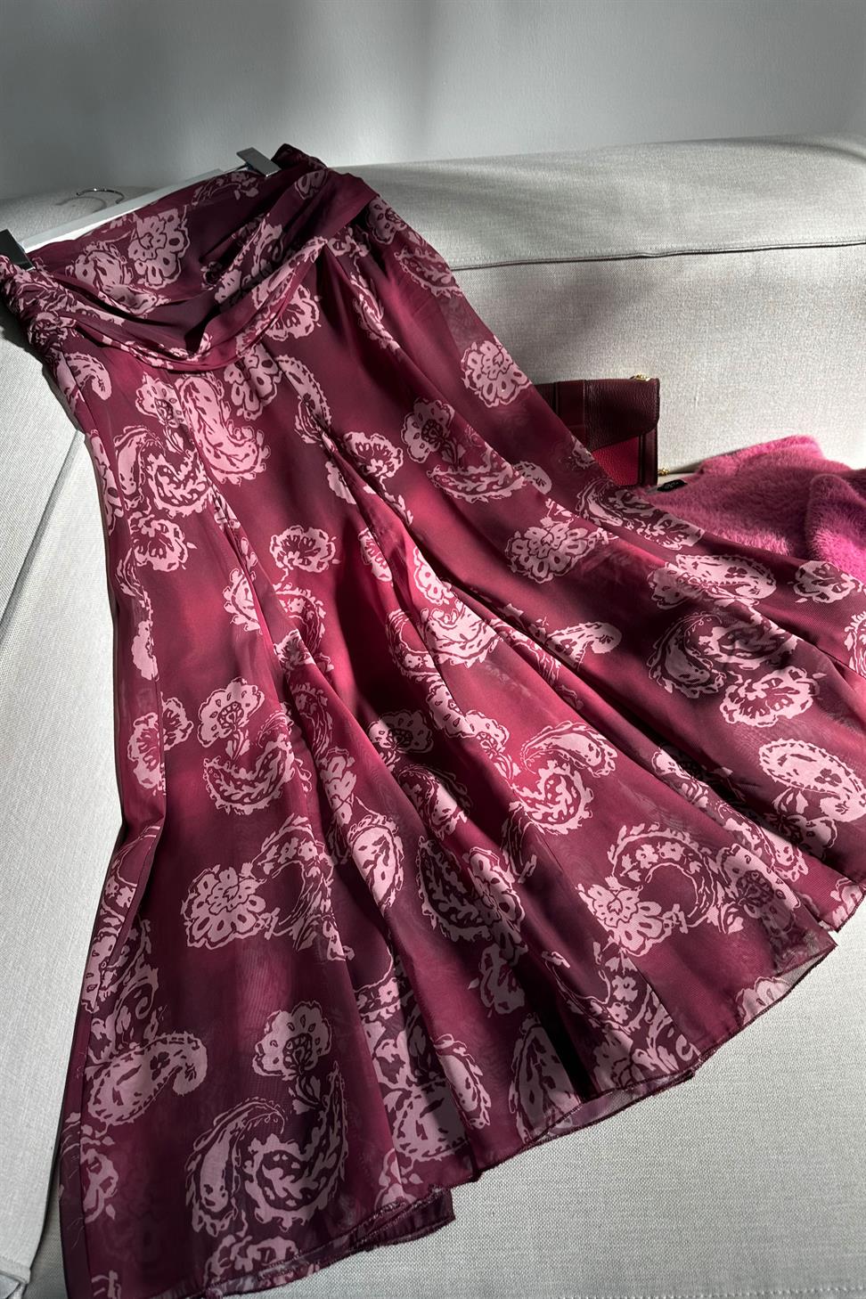 Bel Drape Detaylı Şal Desen Şifon Etek Bordo