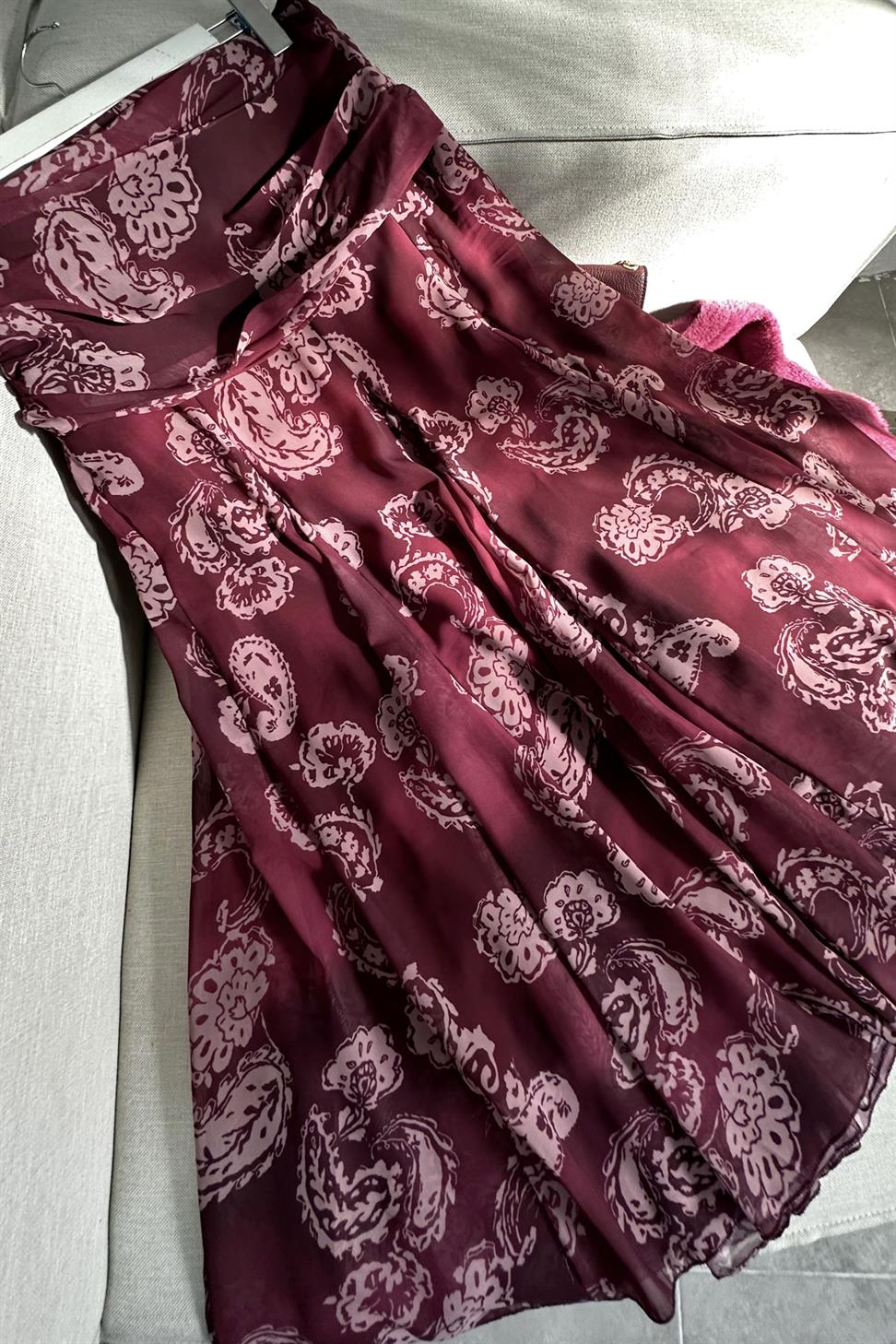 Bel Drape Detaylı Şal Desen Şifon Etek Bordo