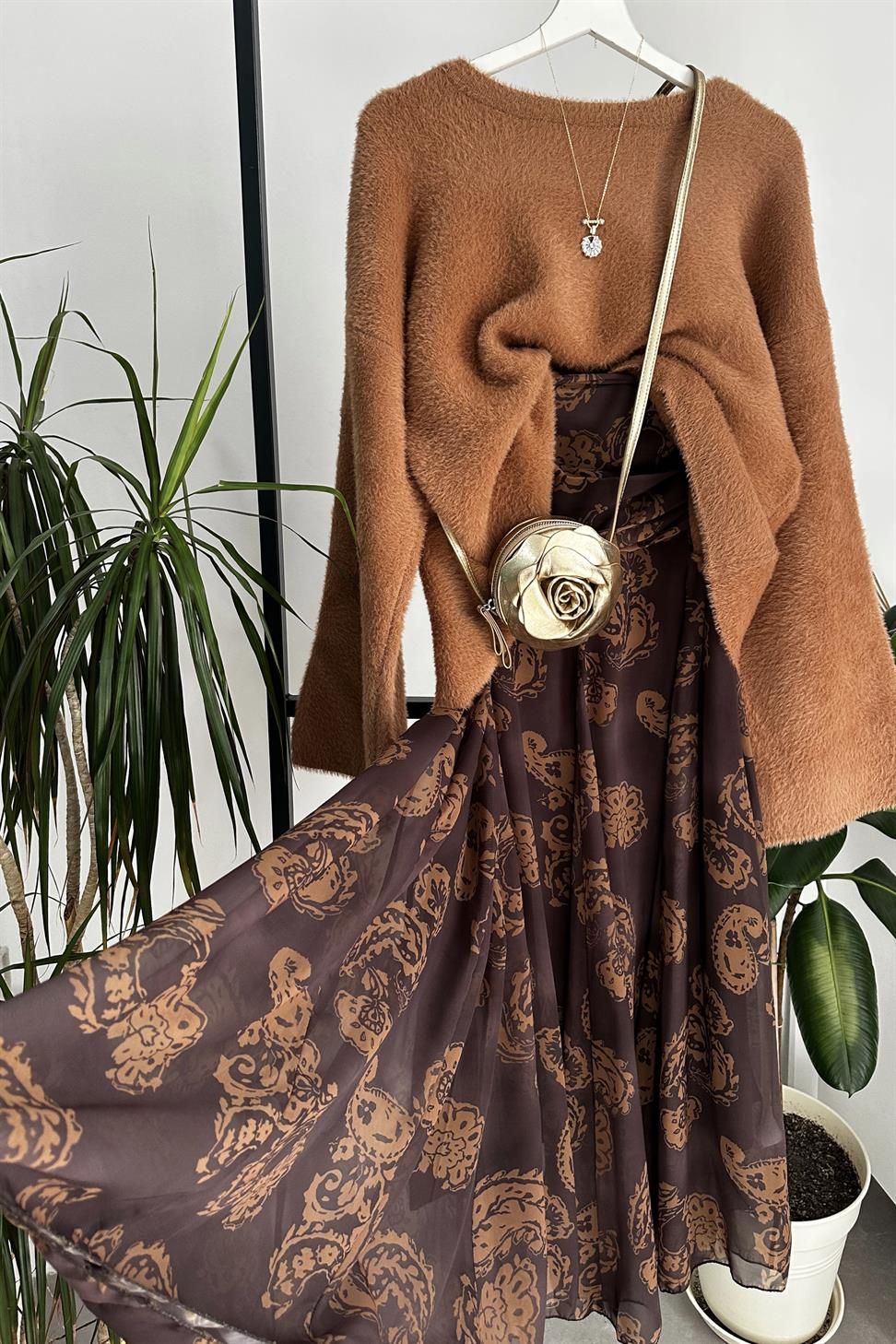 Bel Drape Detaylı Şal Desen Şifon Etek Kahverengi
