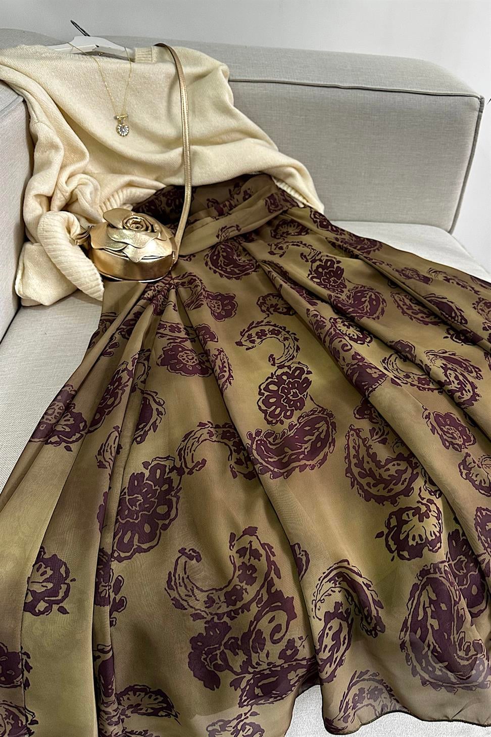 Bel Drape Detaylı Şal Desen Şifon Etek Yağ Yeşili