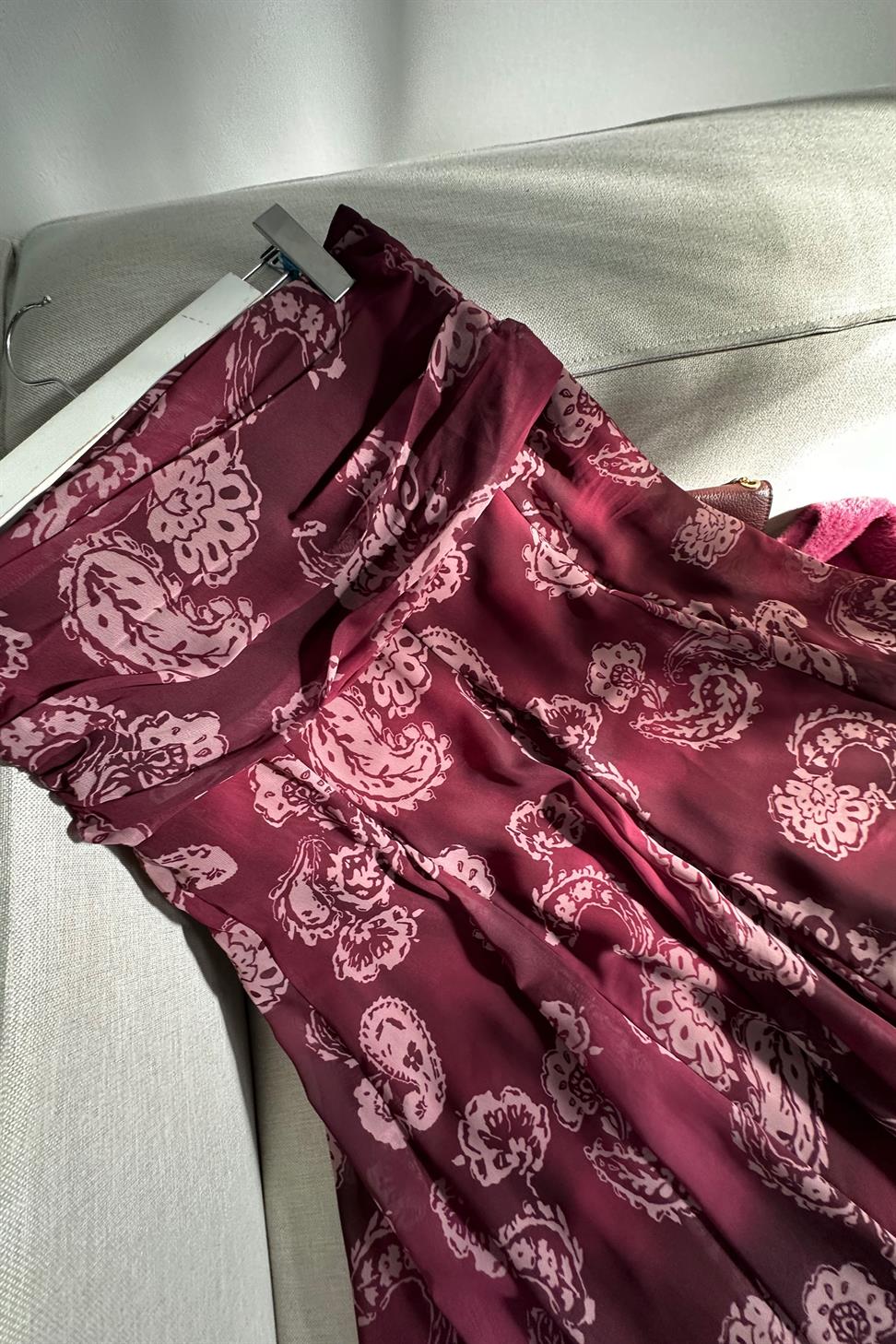 Bel Drape Detaylı Şal Desen Şifon Etek Bordo