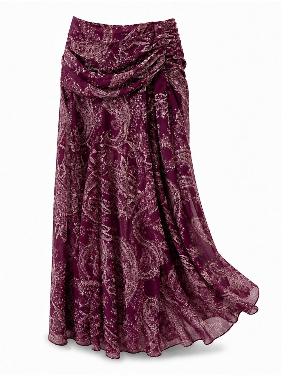 Bel Drape Şal Desen Şifon Etek Bordo