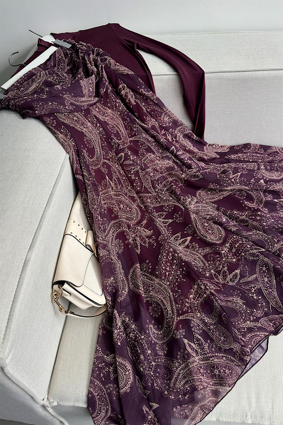Bel Drape Şal Desen Şifon Etek Bordo