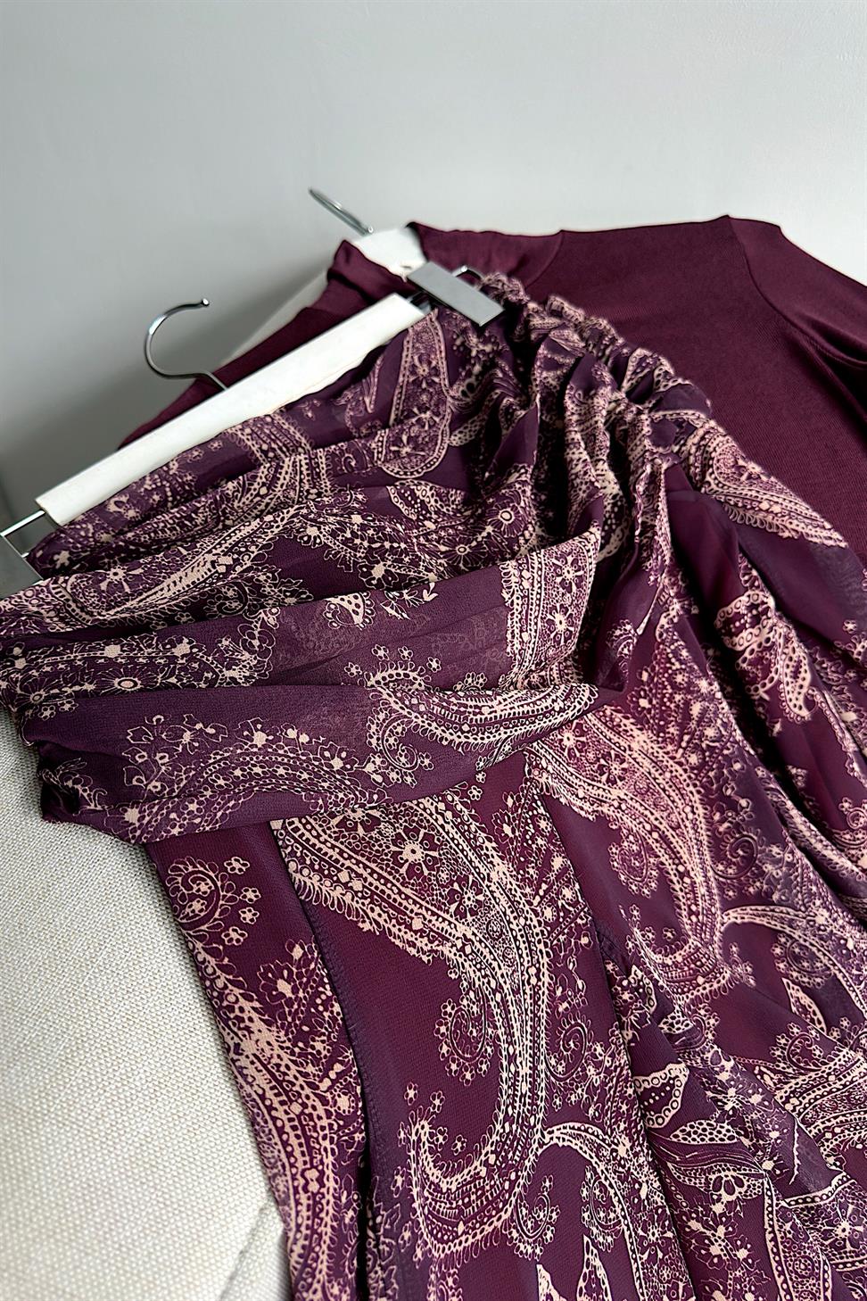 Bel Drape Şal Desen Şifon Etek Bordo