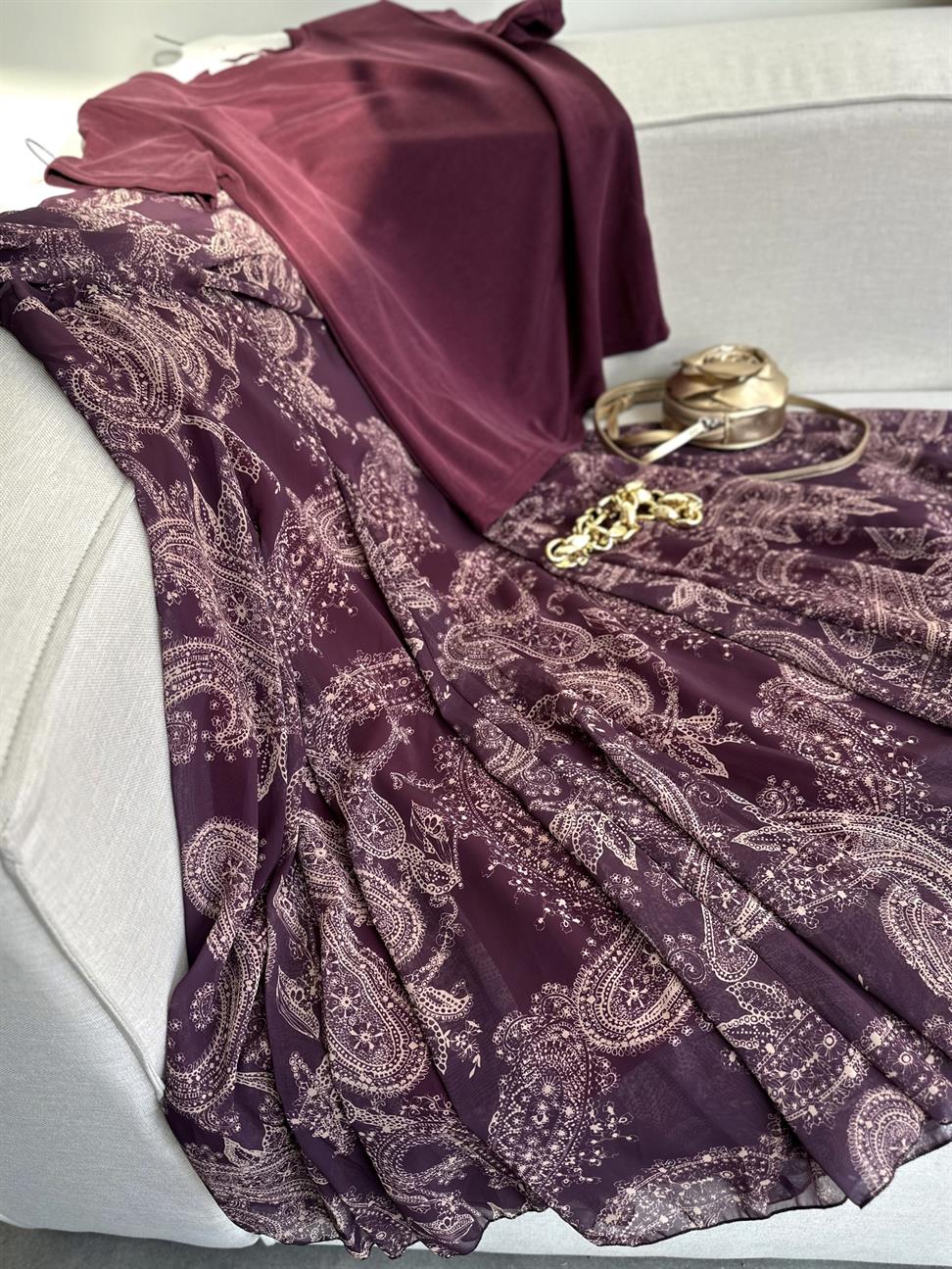 Bel Drape Şal Desen Şifon Etek Bordo