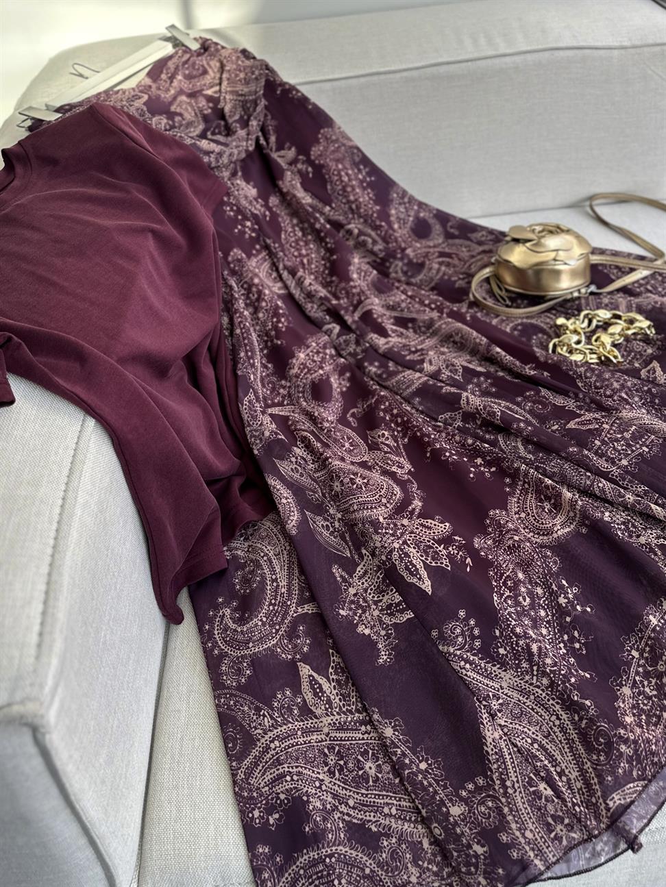 Bel Drape Şal Desen Şifon Etek Bordo