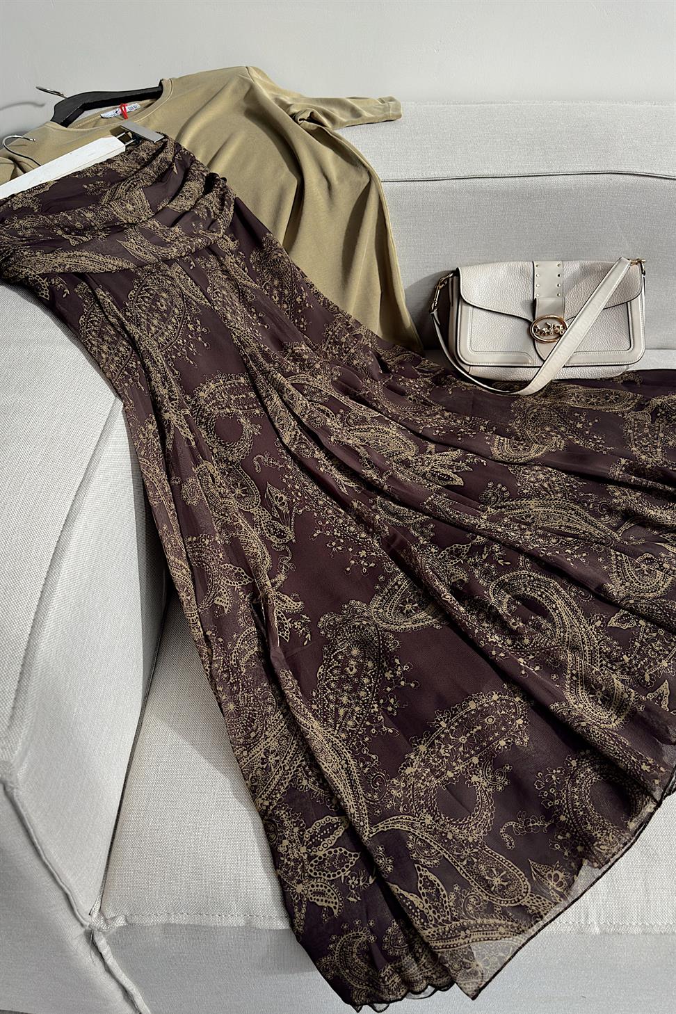 Bel Drape Şal Desen Şifon Etek Kahverengi