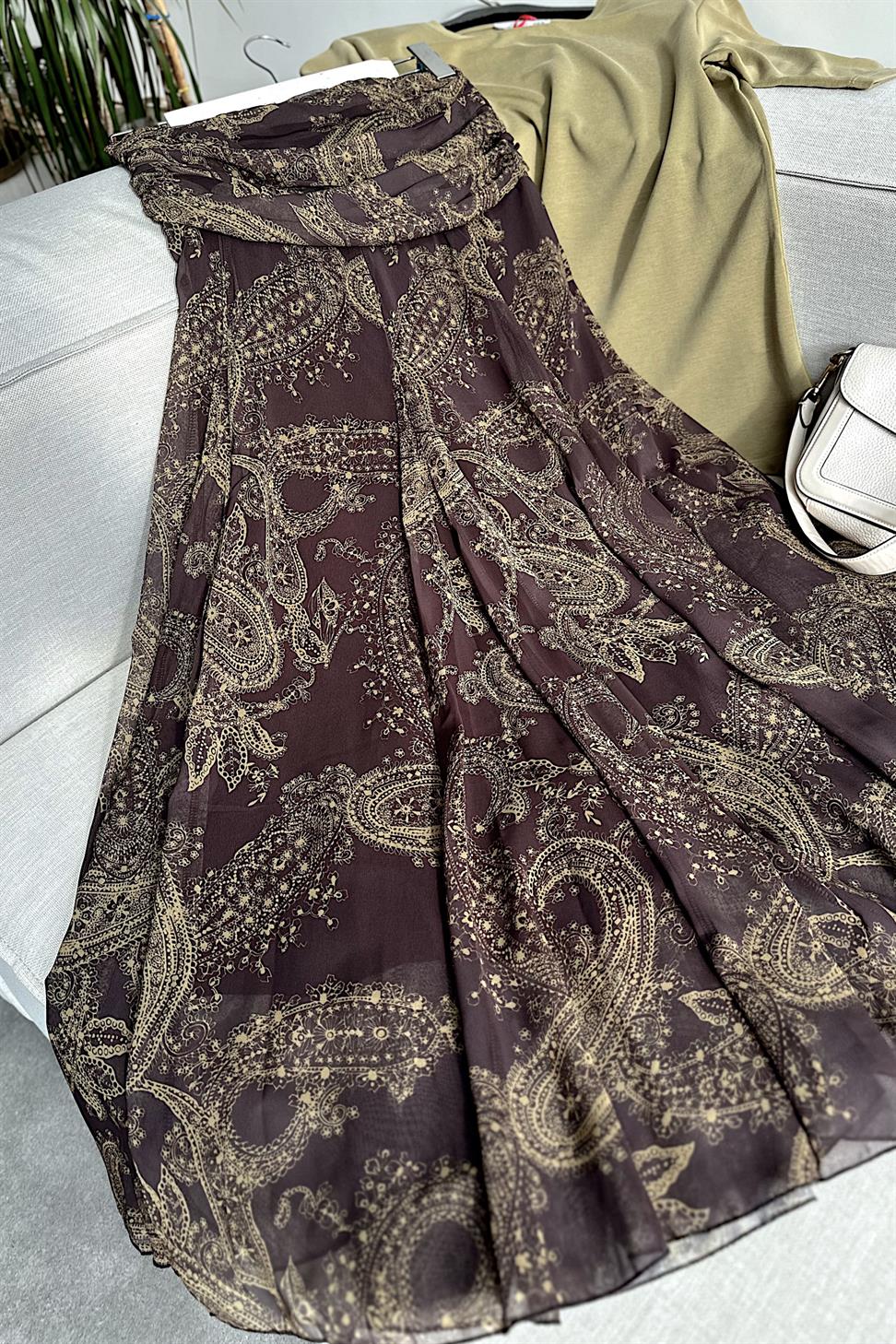 Bel Drape Şal Desen Şifon Etek Kahverengi
