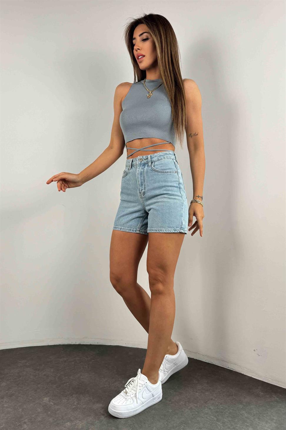 Belden Bağlamalı Crop Bluz Gri