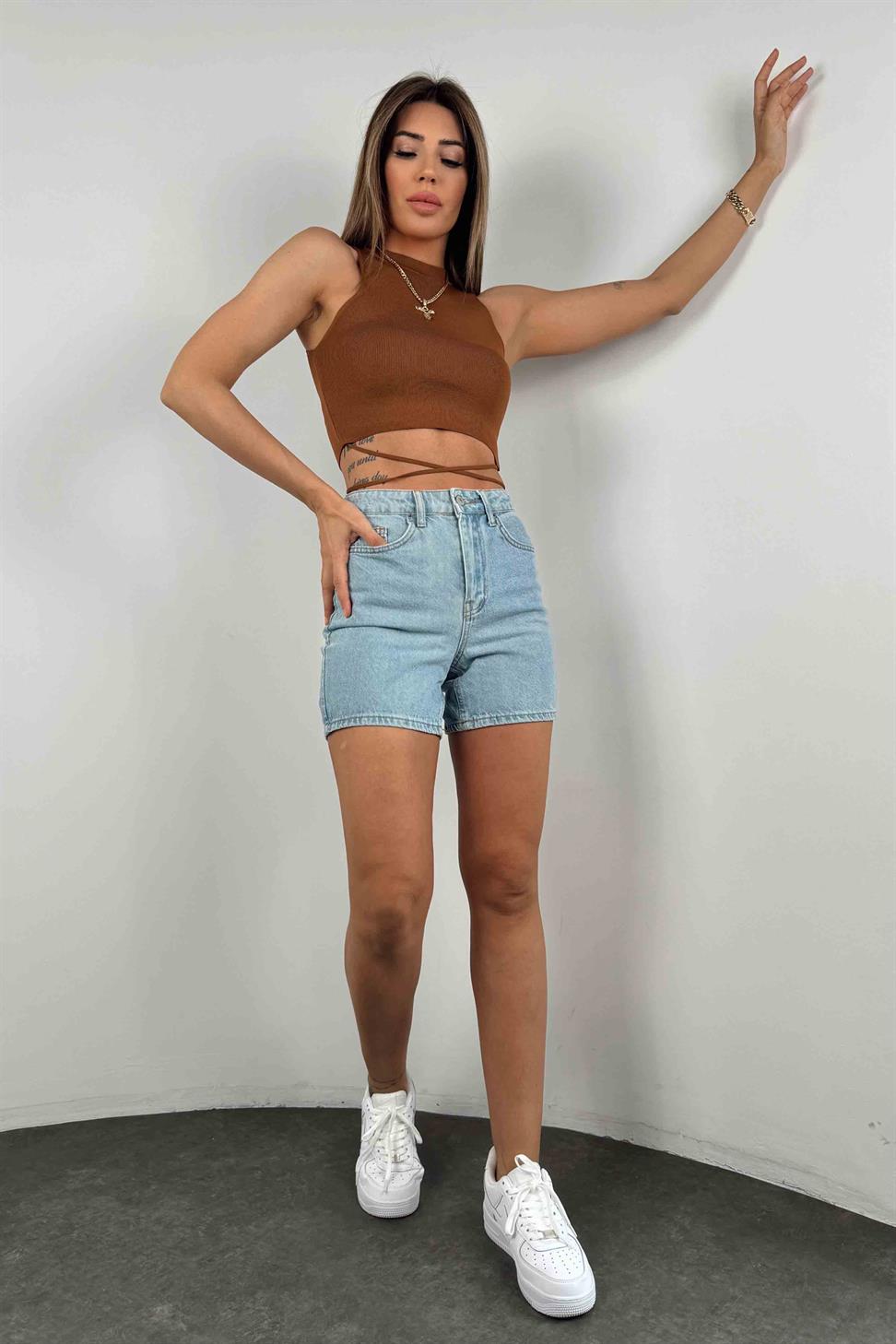 Belden Bağlamalı Crop Bluz Kahverengi