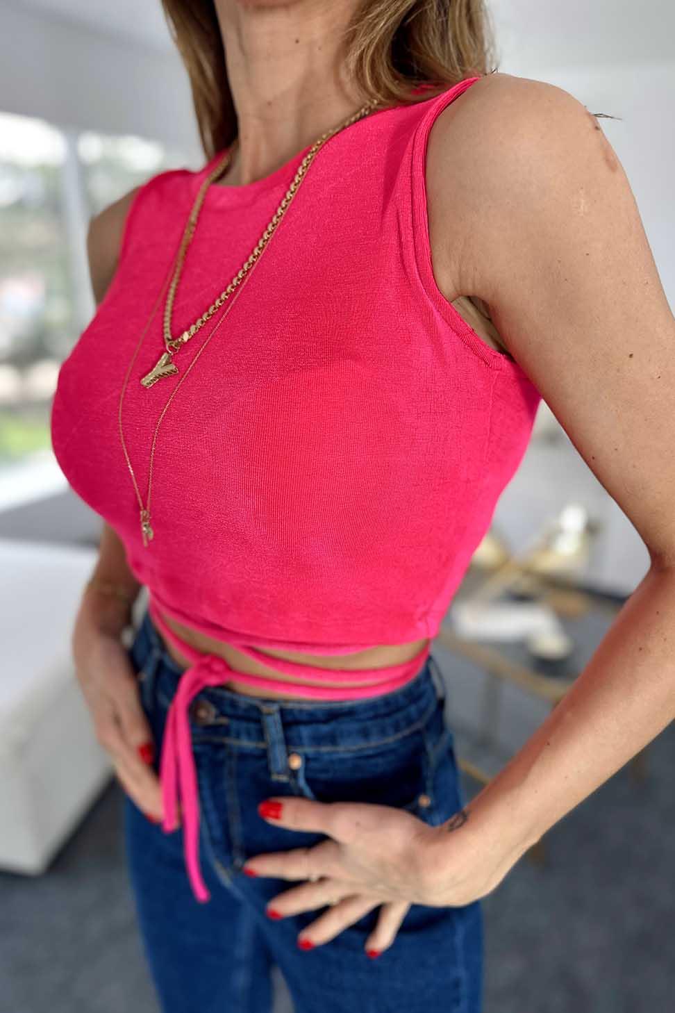 Belden Bağlamalı Tasarım Süper Likralı Crop Bluz Pembe