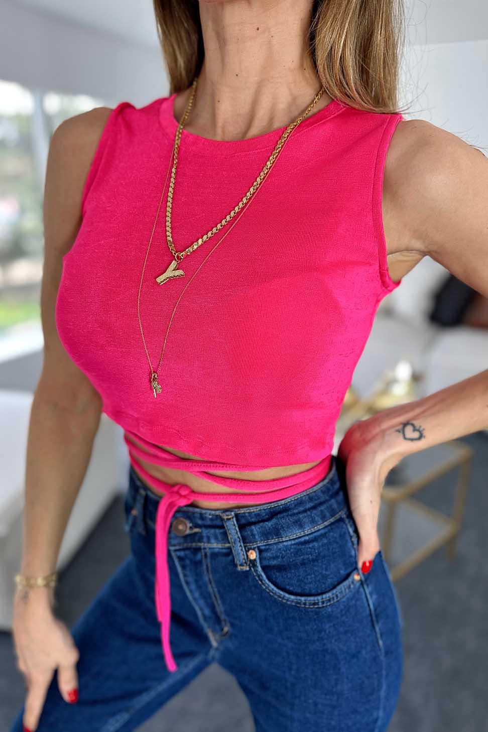 Belden Bağlamalı Tasarım Süper Likralı Crop Bluz Pembe