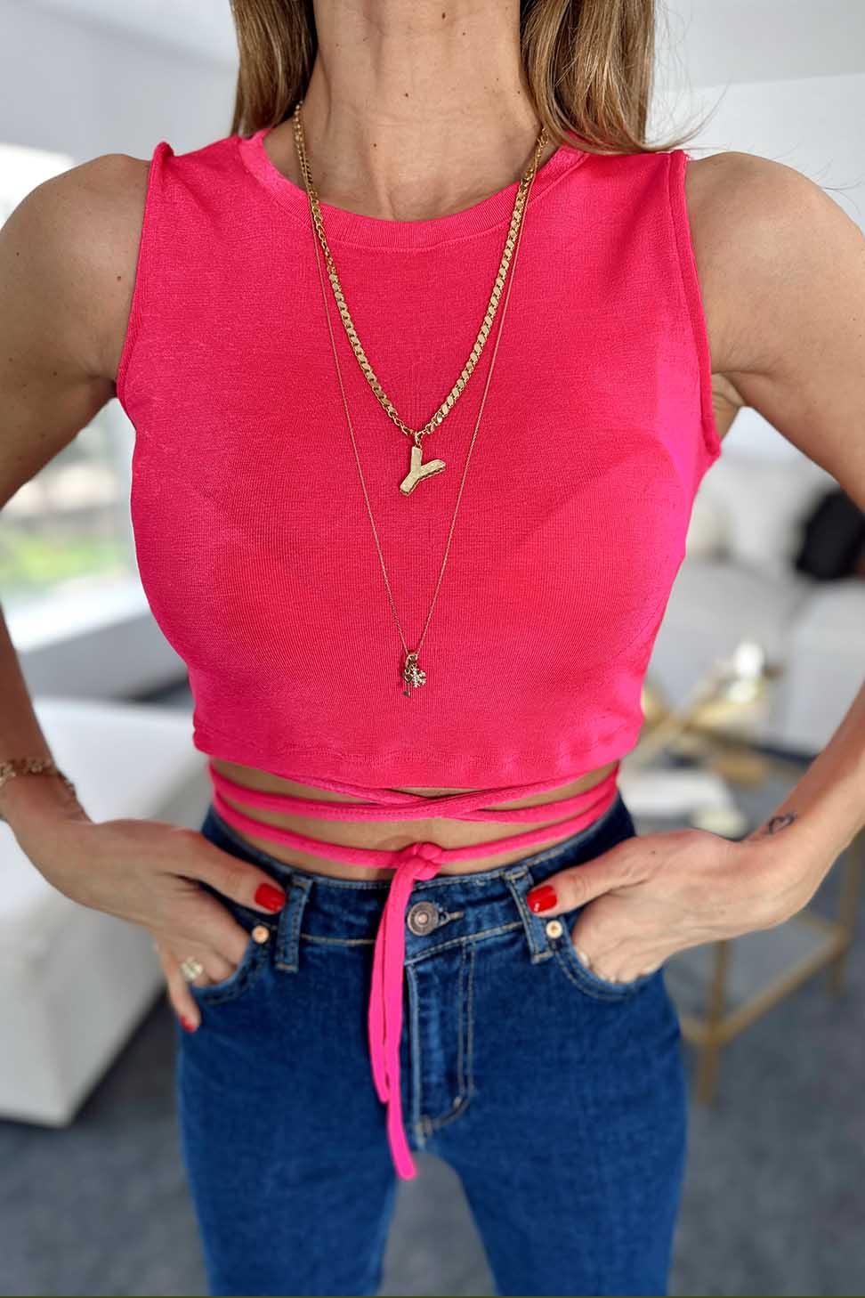 Belden Bağlamalı Tasarım Süper Likralı Crop Bluz Pembe