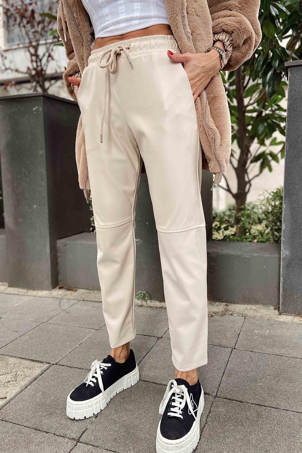 Beli İp Bağlamalı Çimalı Deri Pantolon Krem