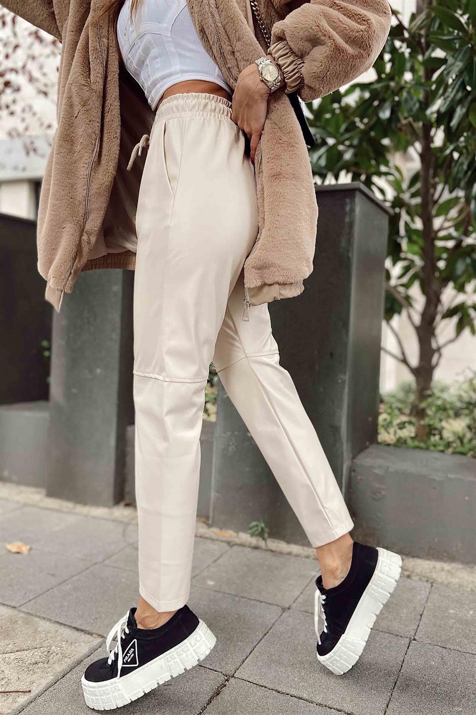 Beli İp Bağlamalı Çimalı Deri Pantolon Krem