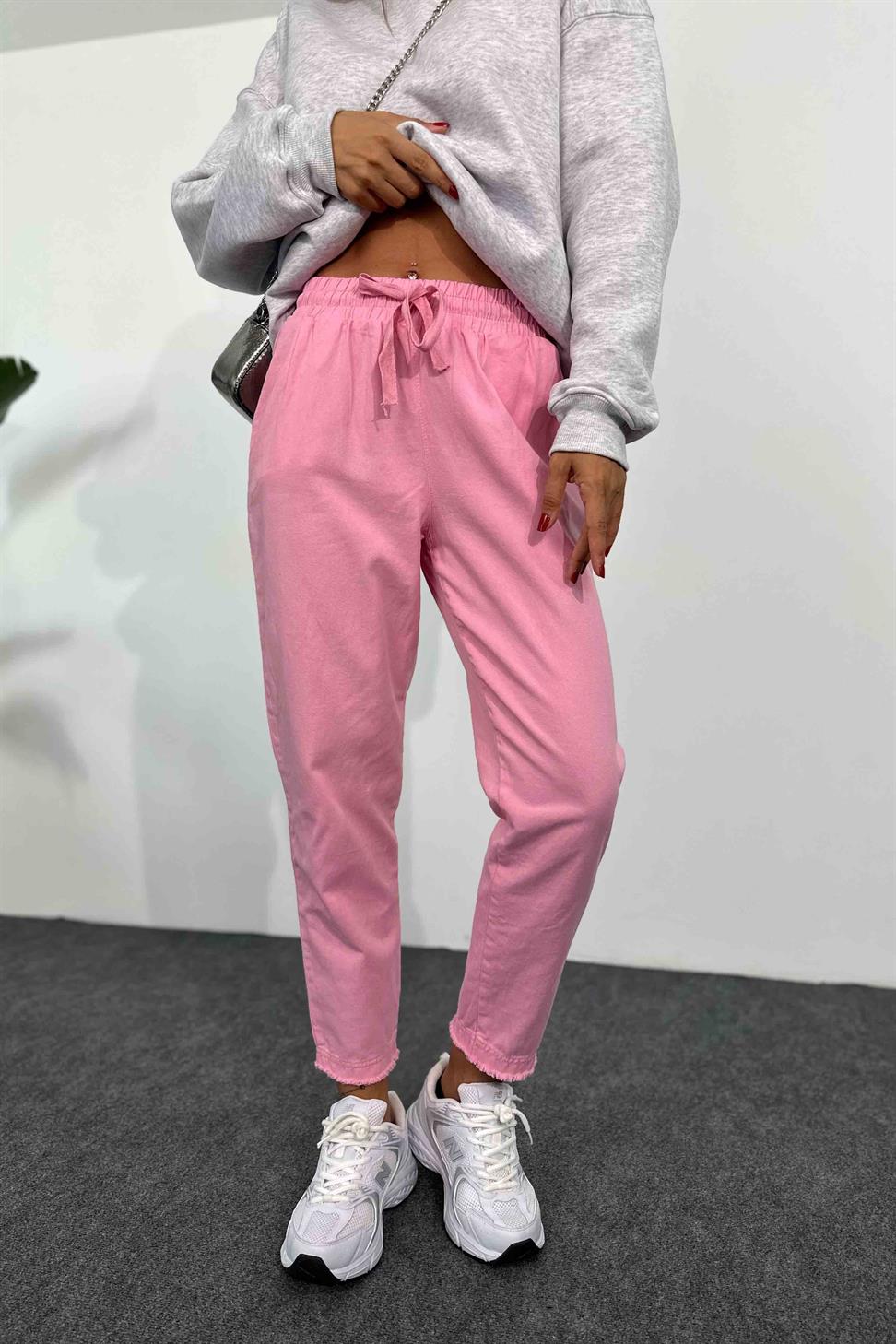 Beli Lastik ve İpli Püskül Detay Gabardin Pantolon Toz Pembe