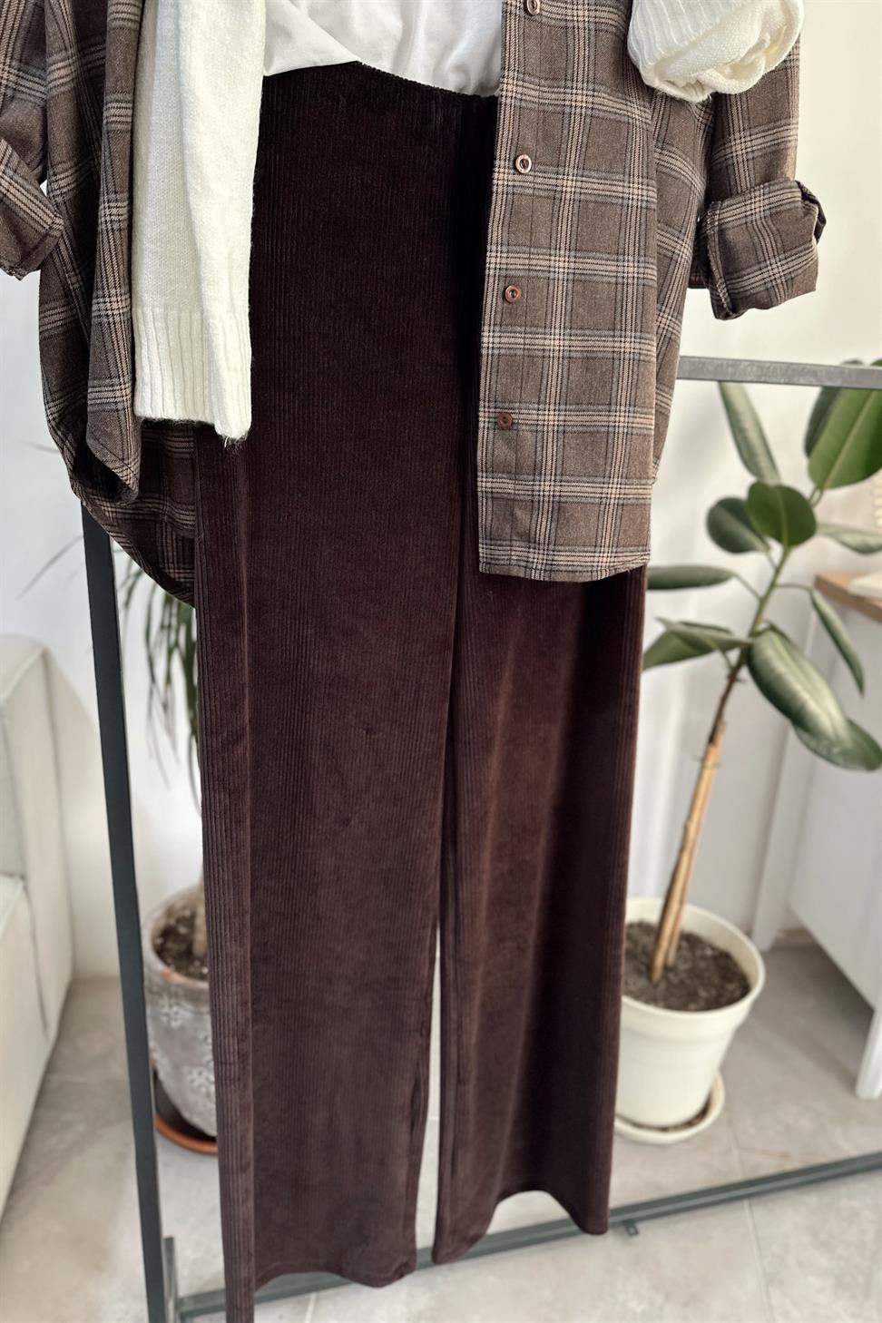 Beli Lastikli Fitilli Kadife Pantolon Acı Kahve