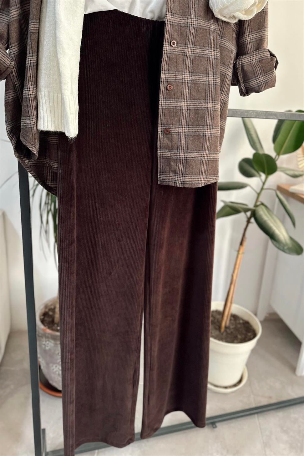 Beli Lastikli Fitilli Kadife Pantolon Acı Kahve
