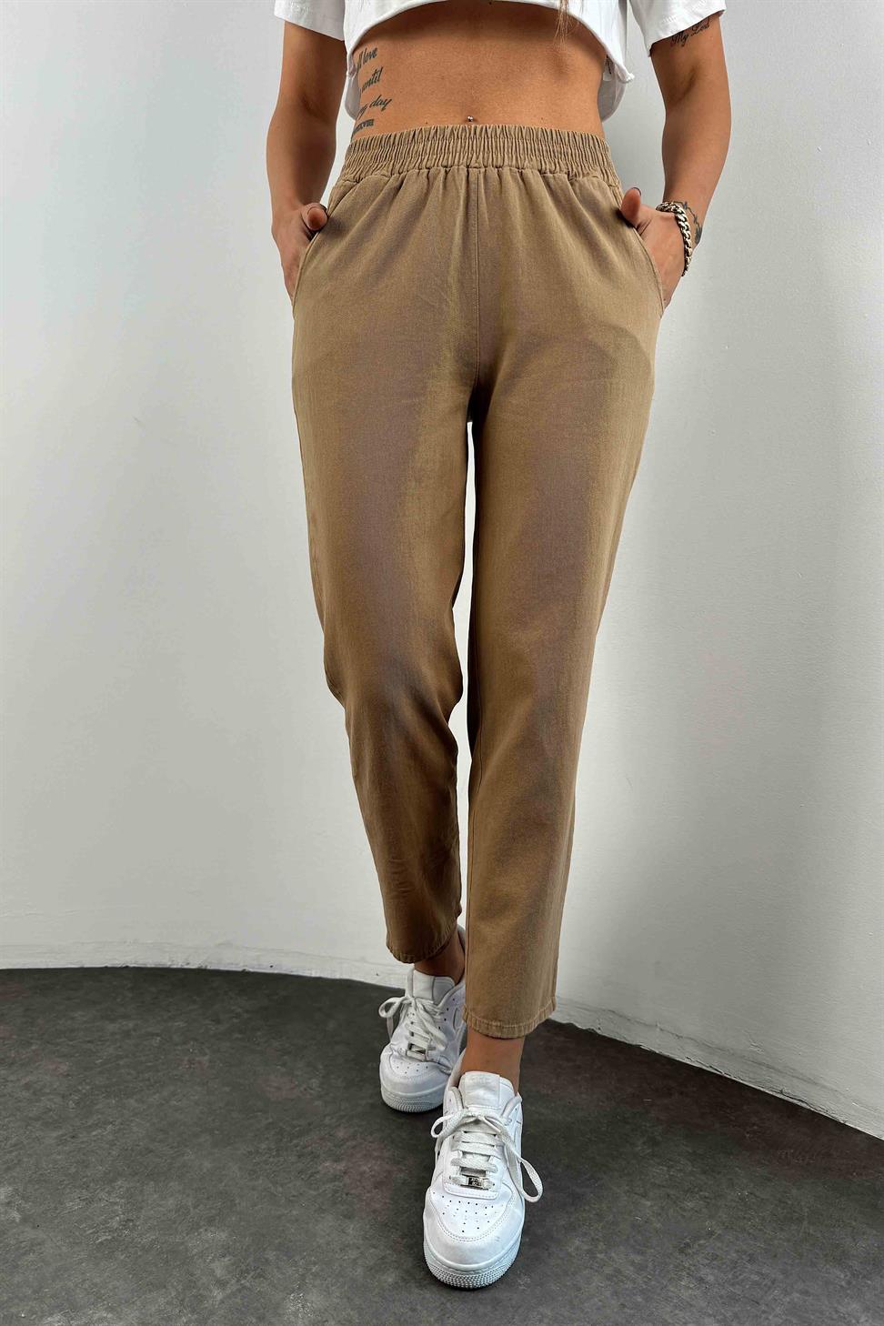 Beli Lastikli Gabardin Kadın Pantolon Camel